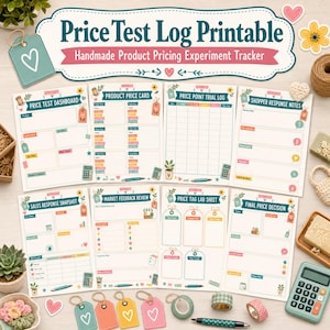 Könnte beinhalten: Ein Set aus acht druckbaren Seiten für ein Preistest-Protokoll, bestehend aus einem Preistest-Dashboard, Produktpreiskarten, einem Preispunkt-Testprotokoll, Notizen zu Kundenreaktionen, Verkaufsübersichten, Marktfeedback-Bewertungen und Preisentscheidungen.