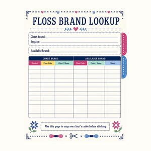 May include: A cream-colored paper sheet titled FLOSS BRAND LOOKUP with a cross-stitch border. It features fields for chart brand, project, and available brand, plus a table with columns for symbols, floss codes, color names, and notes for mapping.