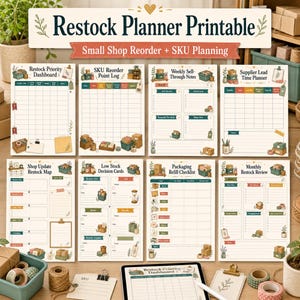 Pode incluir: Um conjunto de oito páginas de planejador imprimíveis intituladas Restock Planner Printable, Small Shop Reorder + SKU Planning. Cada página apresenta layouts de grade, listas de verificação e caixas ilustradas para gestão de estoque, incluindo rótulos como Restock Priority Dashboard, SKU Reorder Point Log, Weekly Sell-Through Notes, Supplier Lead Time Planner, Shop Update Restock Map, Low Stock Decision Cards, Packaging Refill Checklist e Monthly Restock Review.