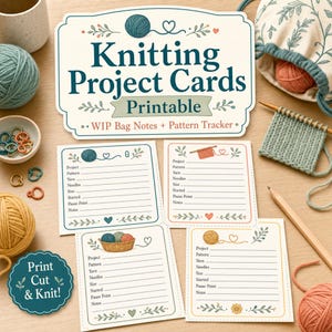 Könnte beinhalten: Ein Set aus druckbaren Strickprojektkarten mit Feldern für Projekt, Muster, Garn, Nadeln, Größe, Startdatum, Pausenpunkt und Notizen. Die Karten enthalten Illustrationen von Garnknäueln und Herzen sowie den Text Knitting Project Cards Printable.