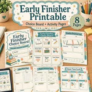 Op de afbeelding: Een set van 8 printbare klasactiviteitspagina's getiteld Early Finisher Printable, inclusief een keuzebord, een leesresponskaart, een woordwerkpagina, een wiskunde-oefenkaart en kaarten voor stille taken met pastelkleurige illustraties.