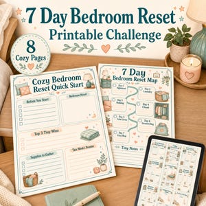 Puede incluir: Un conjunto de desafío imprimible 7 Day Bedroom Reset que incluye dos hojas de papel con listas de verificación y un mapa, además de una tableta que muestra ocho páginas. Los documentos incluyen texto como Cozy Bedroom Reset Quick Start y 7 Day Bedroom Reset Map con ilustraciones de cestas de ropa, plantas y velas en tonos suaves de verde azulado y melocotón.