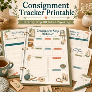 May include: A consignment tracker printable set featuring a Consignment Shop Dashboard, Drop-Off Batch Log, Sold Item and Payout Log, and Pickup and Restock Planner. The pages include sections for shop details, inventory, and sales tracking.