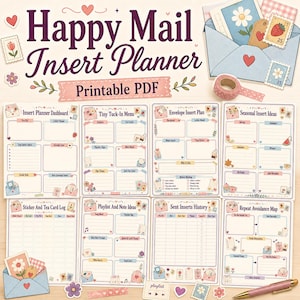 Könnte beinhalten: Ein Happy Mail Insert Planer als druckbares PDF-Set mit acht Seiten, das Abschnitte zur Verfolgung von Briefen, Menüs, Umschlagplänen, saisonalen Ideen, Aufkleber-Logs, Wiedergabelisten, Versandhistorie und Vermeidung von Wiederholungen enthält.