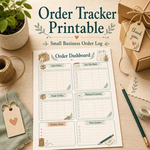 Op de afbeelding: Een printbaar bestelvolgblad getiteld Order Dashboard met secties voor Open Orders, Due This Week, Ready To Ship, Waiting On Customer, Priority Notes en Next Actions. Het document bevat groene en oranje accenten met bladmotieven.