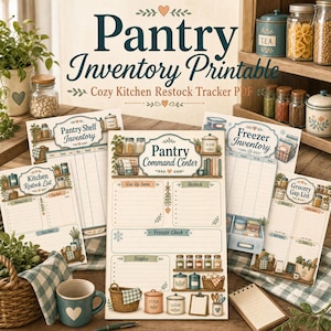 May include: A set of printable pantry inventory sheets featuring illustrations of kitchen storage containers, baskets, and shelves. The pages include titles such as Pantry Command Center, Pantry Shelf Inventory, Freezer Inventory, and Kitchen Restock List.