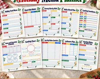 Printbare menuplanner voor de feestdagen, tijdschema voor het Thanksgiving- en kerstdiner, boodschappenlijst, tafelindeling