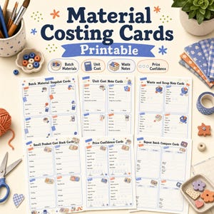May include: A set of printable Material Costing Cards featuring various templates for tracking batch materials, unit costs, waste, and price confidence. The cards include sections for product details, calculations, and notes, decorated with small icons and blue tape graphics.