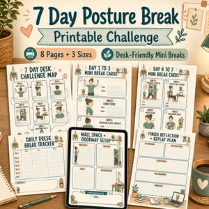 Puede incluir: Un conjunto de desafío imprimible 7 Day Posture Break con 8 páginas en 3 tamaños. Los documentos incluyen un mapa de desafío, tarjetas de mini descansos para los días 1-7, un rastreador diario, una guía de configuración y un plan de reflexión.