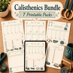 Può includere: Un set Calisthenics Bundle 7 Printable Packs composto da vari fogli con liste di controllo, illustrazioni di esercizi e decorazioni floreali. La collezione include un tablet, anelli da ginnastica in legno e maniglie per flessioni.