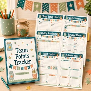 Può includere: Un raccoglitore Team Points Tracker e fogli stampabili con un tema a barattoli e stelle nei colori verde acqua, arancione e crema. Le pagine includono sezioni per la configurazione del team, il registro dei punti, il tabellone e le note di riflessione.