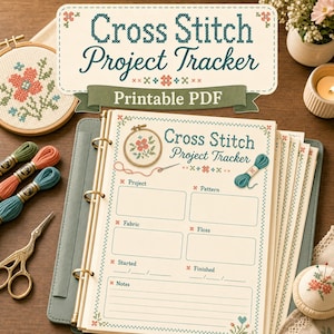 Peut inclure: Une page de suivi de projet de point de croix imprimable PDF dans un classeur, avec des champs pour le projet, le motif, le tissu, le fil, les dates et des notes, ornée de motifs de point de croix, avec du fil à broder, des ciseaux et un tambour.