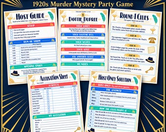 Printbaar moordmysteriespel uit de jaren 1920 voor 6 tot 10 gasten, inclusief speakeasy-hostset.