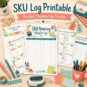 Peut inclure: Un ensemble imprimable de suivi des SKU comprenant un planificateur de préfixes, un générateur de codes de variantes, un journal maître de numérotation et des fiches de bureau. Les pages présentent des grilles, des tableaux et des illustrations.