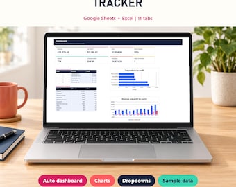 Spreadsheet voor de boekhouding van Etsy-verkopers, geschikt voor Google Sheets en Excel, inclusief winst- en kostenoverzicht, uitgaven, voorraadbeheer en maandelijkse winst- en verliesrekening.