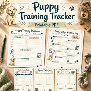 PDF imprimable de suivi du dressage du chiot, tableau des jalons, journal des commandes, agenda pour nouveau chien, téléchargement immédiat