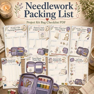 Puede incluir: Una colección de listas de verificación imprimibles tituladas Needlework Packing List Project Kit Bag Checklist PDF, que incluye varias páginas para organizar suministros de costura, tarjetas de hilo y estuches de viaje, junto a un estuche color lavanda.