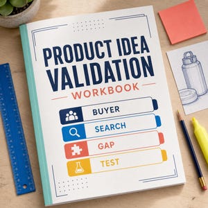 Può includere: Un quaderno di esercizi bianco intitolato Product Idea Validation Workbook con testo blu scuro. Presenta quattro sezioni rettangolari colorate etichettate Buyer, Search, Gap e Test, ciascuna con un'icona: persone, lente d'ingrandimento, pezzo di puzzle e fiaschetta.