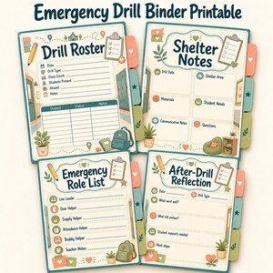 Emergency Drill Binder Printable: Cover page, Drill roster, Evacuation notes pages