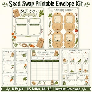 Seed Swap Printable Envelope Kit, Garden Seed Packet Labels, Planting Notes, Inventory Tracker PDF