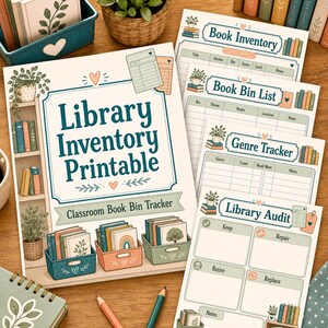 May include: A set of library inventory printable sheets featuring a cover page titled Library Inventory Printable and Classroom Book Bin Tracker, alongside pages for Book Inventory, Book Bin List, Genre Tracker, and Library Audit with illustrations.
