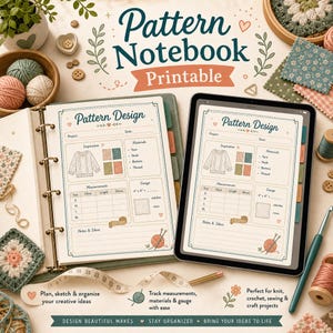 Pode incluir: Um fichário físico e um tablet digital exibem uma página imprimível de design de padrões com seções para detalhes do projeto, materiais, medidas e amostra, ilustrada com um suéter e novelos de lã.