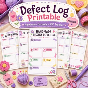 May include: A printable Defect Log for handmade items featuring a central sheet titled Handmade Seconds Defect Log with sections for quality checks, fixes, and donations. The design includes pastel colors, floral motifs, and craft supplies like yarn, buttons, and scissors.