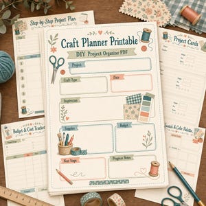 May include: A stack of printable craft planner pages featuring sections for project details, supplies, budget, and notes. The pages include illustrations of scissors, thread spools, pencils, and fabric swatches with text like Craft Planner Printable.