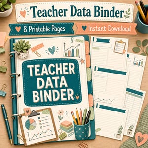 Op de afbeelding: Een teal-kleurige ringband met de titel Teacher Data Binder, met een omslag voorzien van handgetekende illustraties van klemborden, grafieken en hartjes. De set bevat acht printbare pagina's met bijpassende teal en perzik kleuraccenten.