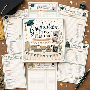Puede incluir: Un conjunto de planificadores para fiesta de graduación con una portada central que incluye el texto Graduation Party Planner Let's Celebrate This Achievement, rodeado de varias hojas de planificación, lista de invitados y cronograma.
