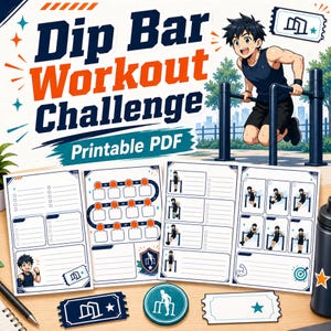 Può includere: Un set PDF stampabile Dip Bar Workout Challenge con un personaggio in stile anime che esegue dip. I fogli includono griglie di monitoraggio, illustrazioni di esercizi e righe per appunti. Include un gettone e etichette a forma di biglietto.
