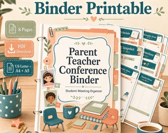 Könnte beinhalten: Ein druckbares Lehrer-Konferenzordner-Set mit einem Deckblatt mit der Aufschrift Parent Teacher Conference Binder Student Meeting Organizer. Das Set enthält 8 PDF-Seiten in den Formaten US Letter, A4 und A5 mit Illustrationen von Stühlen, einer Tasse und Schülerporträts.