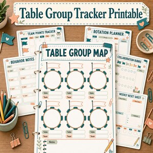 May include: A collection of printable classroom management sheets including a Table Group Map, Team Points Tracker, Rotation Planner, Behavior Notes, Collaboration Rubric, and Weekly Reset Sheet, featuring teal and peach accents and flag icons.