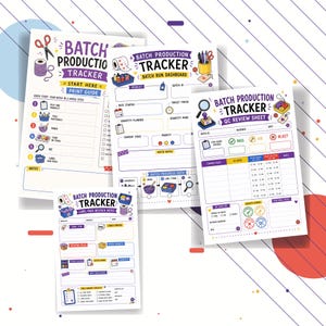 Op de afbeelding: Een set van vier witte vellen papier getiteld Batch Production Tracker, inclusief een printgids, dashboard, kwaliteitscontroleblad en voorraadnotities, voorzien van kleurrijke illustraties van knutselbenodigdheden en iconen.