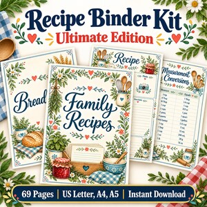 May include: A recipe binder kit featuring printed pages with floral and kitchen-themed illustrations. The pages include titles like Recipe, Bread, Family Recipes, and Measurement Conversions with text for cooking instructions and unit conversions.