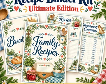 Receptenmapset Ultieme Editie, 69 printbare pagina's, sjabloon voor een familiekookboek, kaarten, scheidingsvellen, tabellen