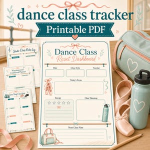 May include: A dance class tracker printable PDF set featuring a Dance Class Reset Dashboard, Studio Class Notes Log, Warmup and Cooldown Planner, and Gear Bag Checklist. The pages include illustrations of ballet slippers, a dance bag, and a water bottle.