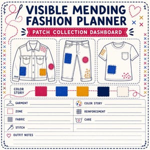 Op de afbeelding: Een Visible Mending Fashion Planner blad met een Patch Collection Dashboard. Het bevat illustraties van een jas, spijkerbroek en t-shirt met diverse patches, een color story sectie met vijf gekleurde vierkanten en lege regels voor notities.