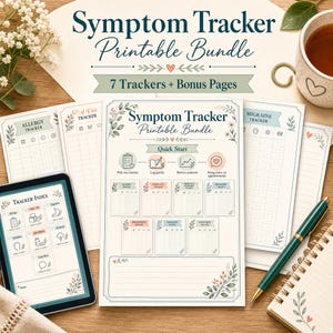 May include: A Symptom Tracker Printable Bundle featuring seven trackers and bonus pages. The documents include a Tracker Index, Quick Start guide, and specific trackers for allergies, colds, flu, and migraines, all decorated with floral illustrations.