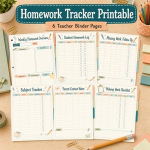 Puede incluir: Seis páginas imprimibles para carpeta de profesor para el seguimiento de tareas, incluyendo resumen semanal, registro de tareas, seguimiento de trabajos faltantes, rastreador de materias, notas de contacto y lista de verificación de recuperación.