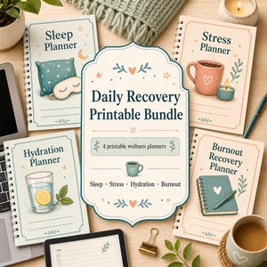 Könnte beinhalten: Ein Daily Recovery Printable Bundle mit vier spiralgebundenen Wellness-Planern namens Sleep Planner, Stress Planner, Hydration Planner und Burnout Recovery Planner, verziert mit Illustrationen von Kissen, Tassen, Wassergläsern und Notizbüchern.
