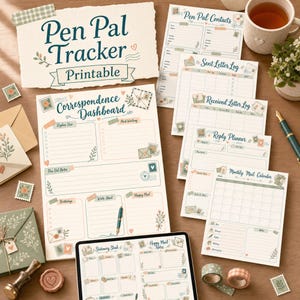 May include: A collection of printable stationery pages titled Pen Pal Tracker, Correspondence Dashboard, Pen Pal Contacts, Sent Letter Log, Received Letter Log, Reply Planner, Monthly Mail Calendar, Stationery Stash, and Happy Mail Notes.