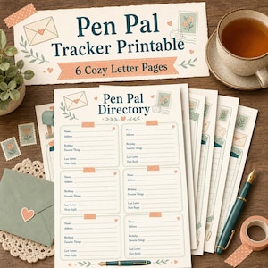 May include: A set of Pen Pal Tracker printable pages featuring a Pen Pal Directory with fields for name, address, birthday, favorite things, last letter, and next reply. The pages include illustrations of envelopes, stamps, and hearts in a soft color palette.