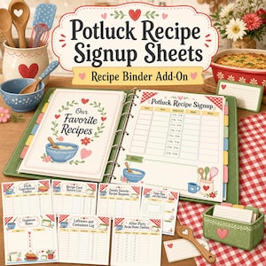 Op de afbeelding: Een set Potluck recept-inschrijfformulieren en een receptenmap-add-on. De map bevat pagina's met tabellen voor gastnamen, gerechten en notities. Extra losse vellen bevatten trackers voor bijdragen, receptretouren en restjes, allemaal voorzien van illustraties van hartjes en keukengerei.