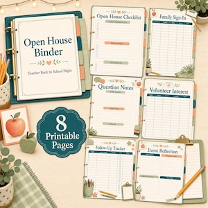 May include: A teal binder labelled Open House Binder with Teacher Back to School Night text, accompanied by 8 printable pages including an Open House Checklist, Family Sign-In, Question Notes, Volunteer Interest, Follow-Up Tracker, and Event Reflection.