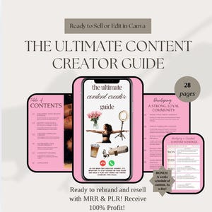以下が含まれることがあります： 28ページのコンテンツを含む「The Ultimate Content Creator Guide」というタイトルのデジタルガイド。目次、コンテンツスケジュール、ヨガをする人物とリングライトが表示された中央のスマートフォン画面で構成されています。