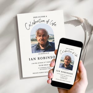 May include: A printed invitation and a smartphone displaying a memorial announcement. The announcement features a photo of a man, the text "Celebration of Life", and details about the memorial service.
