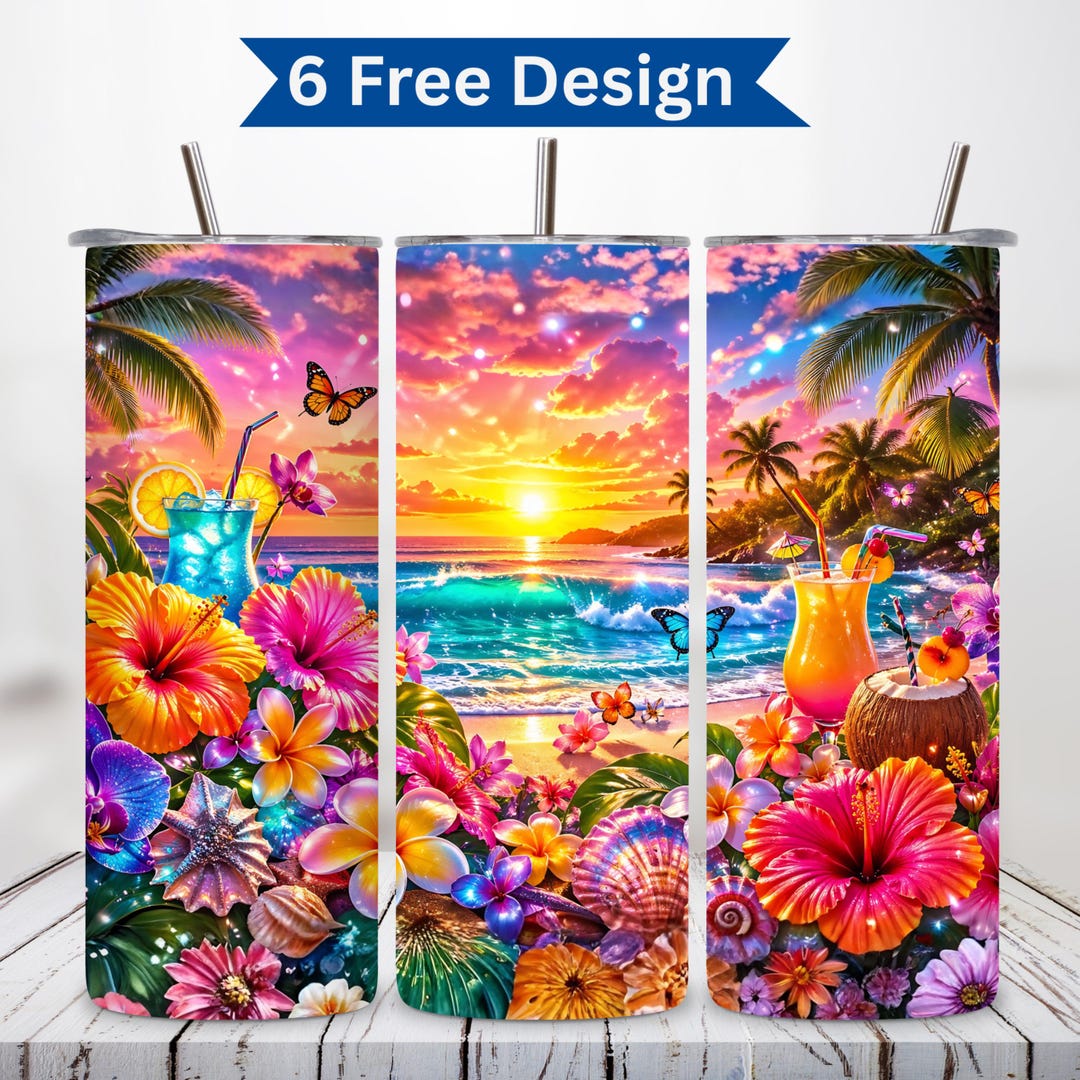 Tropical Sunset 20oz Tumbler Wrap PNG | Summer Beach Floral Sublimation ...