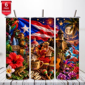Pode incluir: Três copos cilíndricos com canudos apresentando imagens vibrantes de Porto Rico. Os designs incluem a bandeira de Porto Rico, papagaios, uma flor de hibisco, um sapo, um casal dançando, uma caneca com a etiqueta Puerto Rico, um violão e uma máscara.