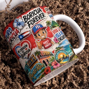 May include: A white ceramic mug featuring a collage of Puerto Rican themed graphics, including the text Boricua Forever, a cartoon character in a baseball cap, a heart with the text Mi Corazón es Boricua, and a coastal landscape with the text Isla del Encanto.
